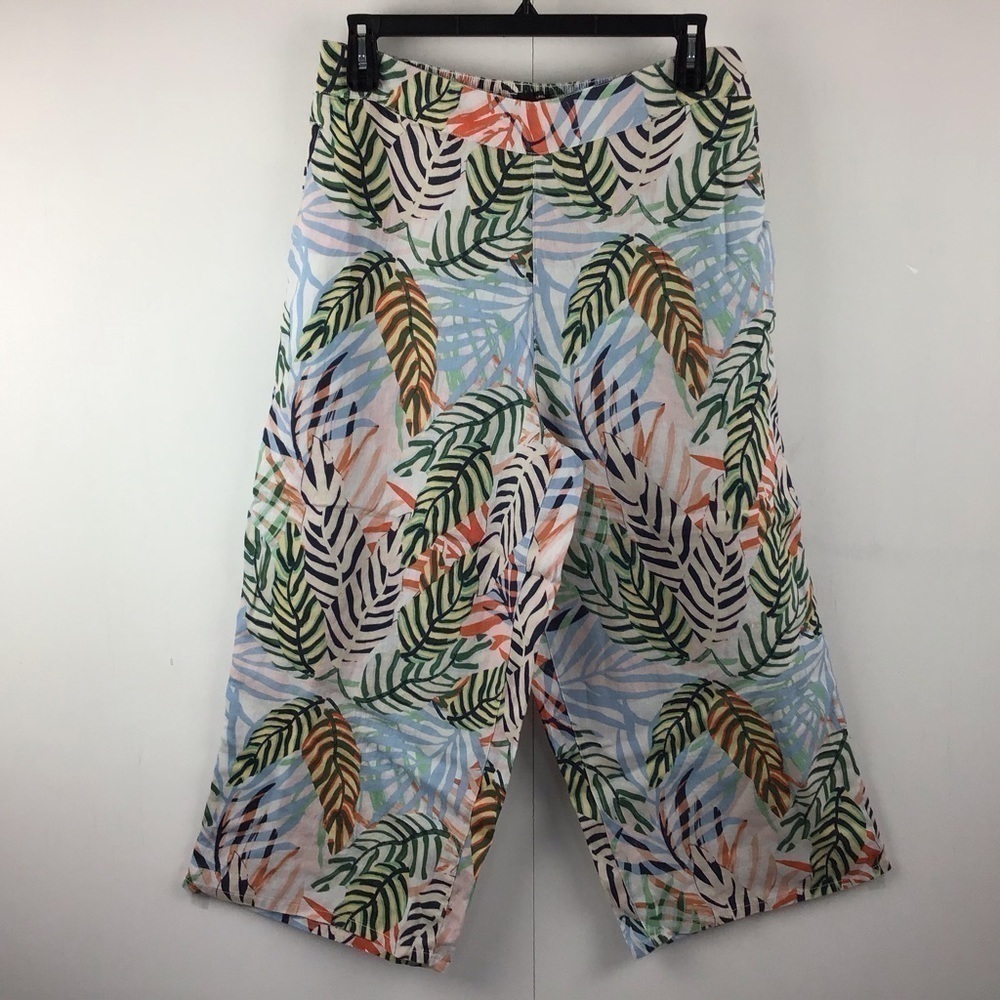 Tahari 100% linen tropical print flat front slash pocket cropped pants Sz 1X NWT